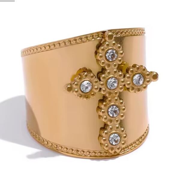 Gold Cross Ring Stainless Steel Adjustable Punk Tribal Boho - Picture 1 of 8